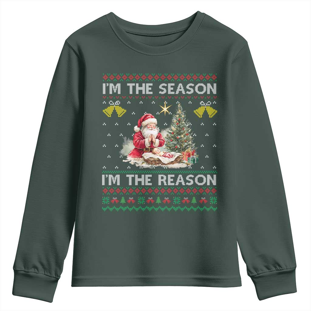 Jesus Christmas Youth Sweatshirt Santa With Jesus Baby Reason Xmas TS14 Dark Forest Green Print Your Wear