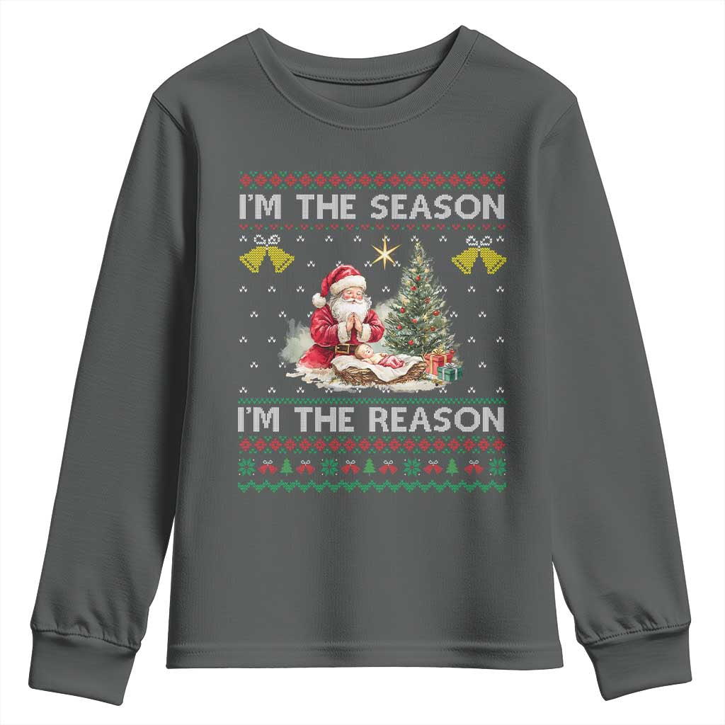Jesus Christmas Youth Sweatshirt Santa With Jesus Baby Reason Xmas TS14 Dark Heather Print Your Wear