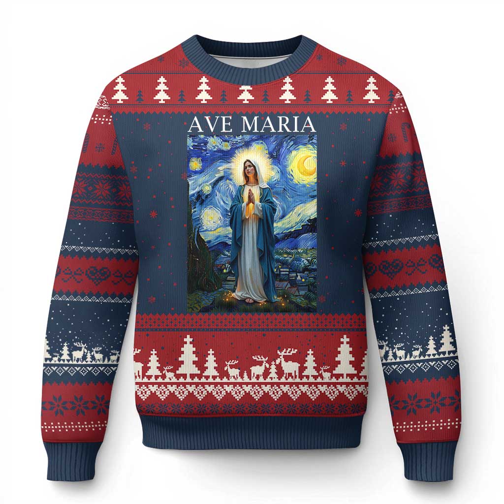 Virgin Mary Starry Night Ugly Christmas Sweater Mother of Christ Catholic TS14 Navy Red Print Your Wear