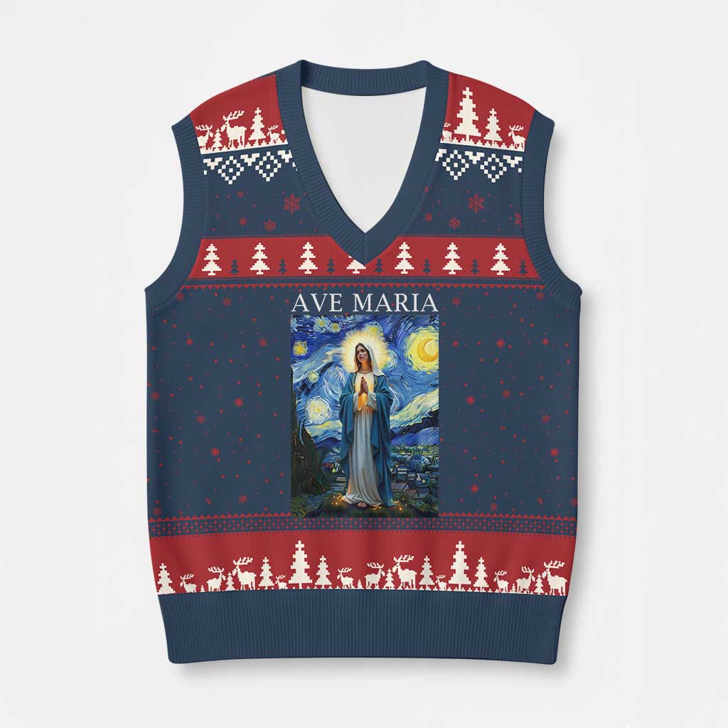 Virgin Mary Starry Night V-Neck Knit Sweater Vest Mother of Christ Catholic TS14 Navy Red Print Your Wear