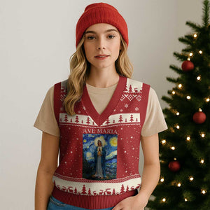 Virgin Mary Starry Night V-Neck Knit Sweater Vest Mother of Christ Catholic TS14 Red Beige Print Your Wear