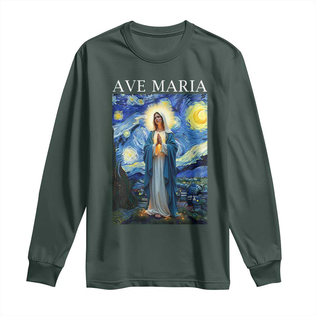 Virgin Mary Starry Night Long Sleeve Shirt Mother of Christ Catholic TS14 Dark Forest Green Print Your Wear