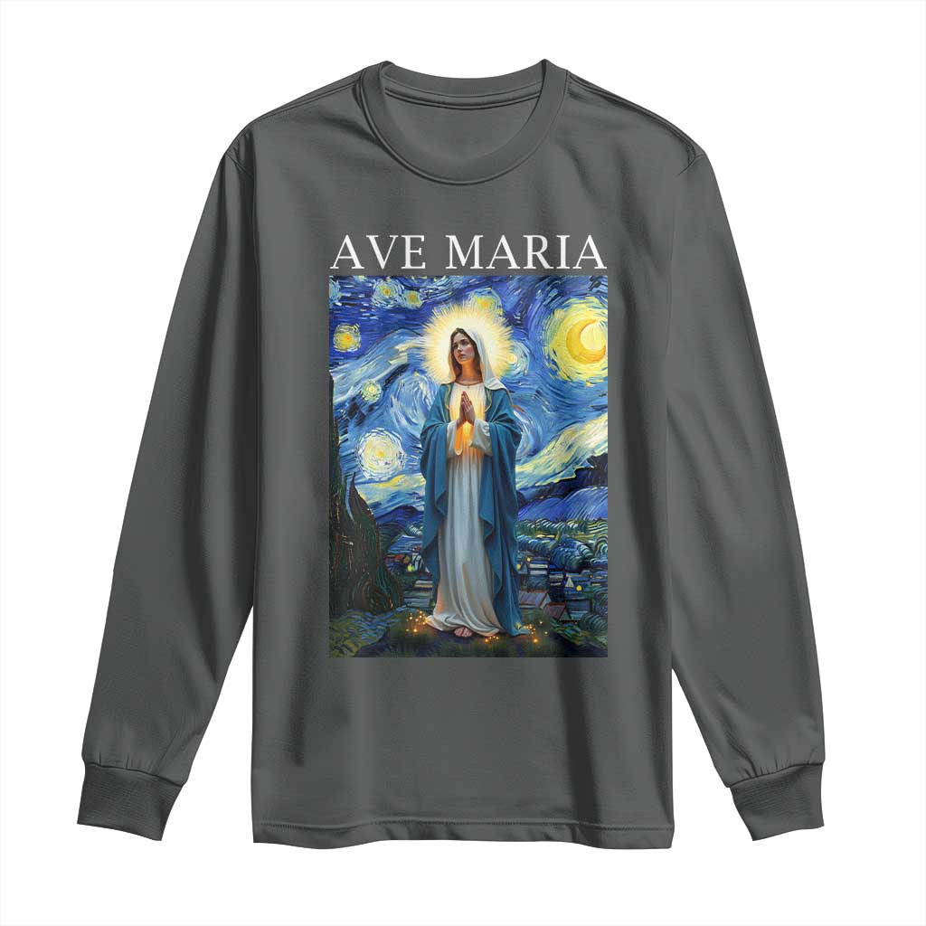 Virgin Mary Starry Night Long Sleeve Shirt Mother of Christ Catholic TS14 Dark Heather Print Your Wear