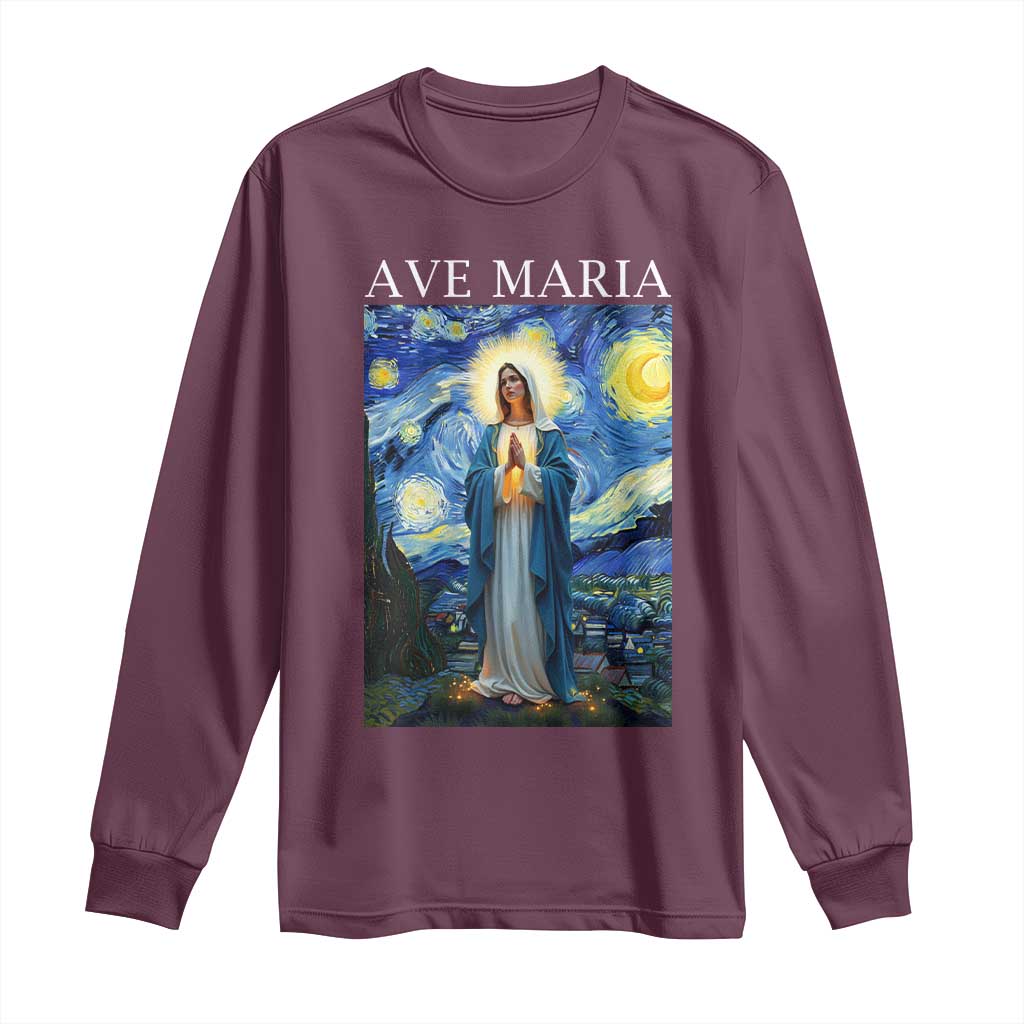 Virgin Mary Starry Night Long Sleeve Shirt Mother of Christ Catholic TS14 Maroon Print Your Wear