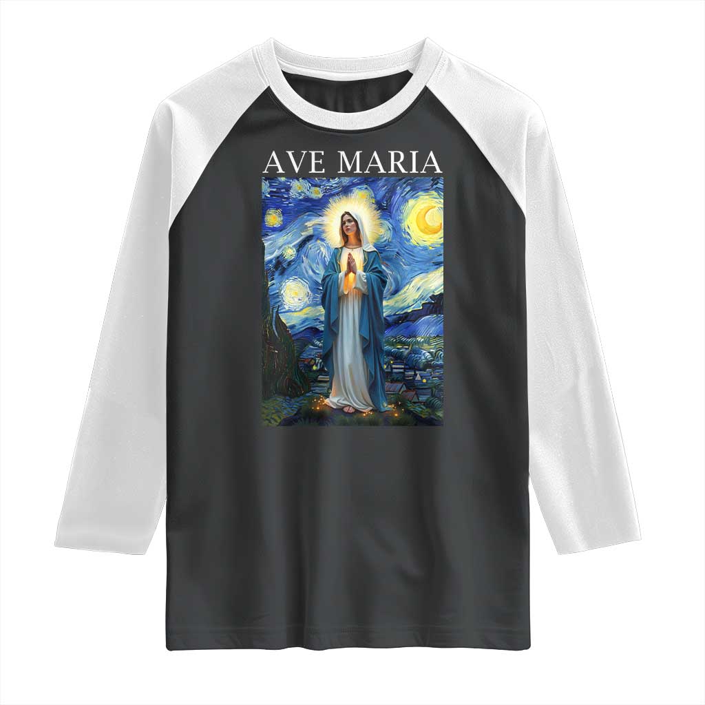 Virgin Mary Starry Night Raglan Shirt Mother of Christ Catholic TS14 Black White Print Your Wear