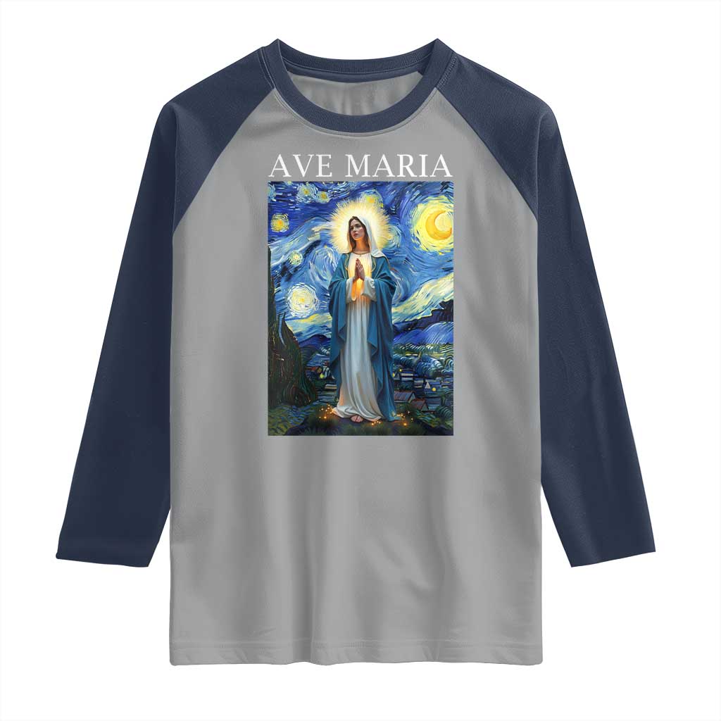 Virgin Mary Starry Night Raglan Shirt Mother of Christ Catholic TS14 Sport Gray Navy Print Your Wear
