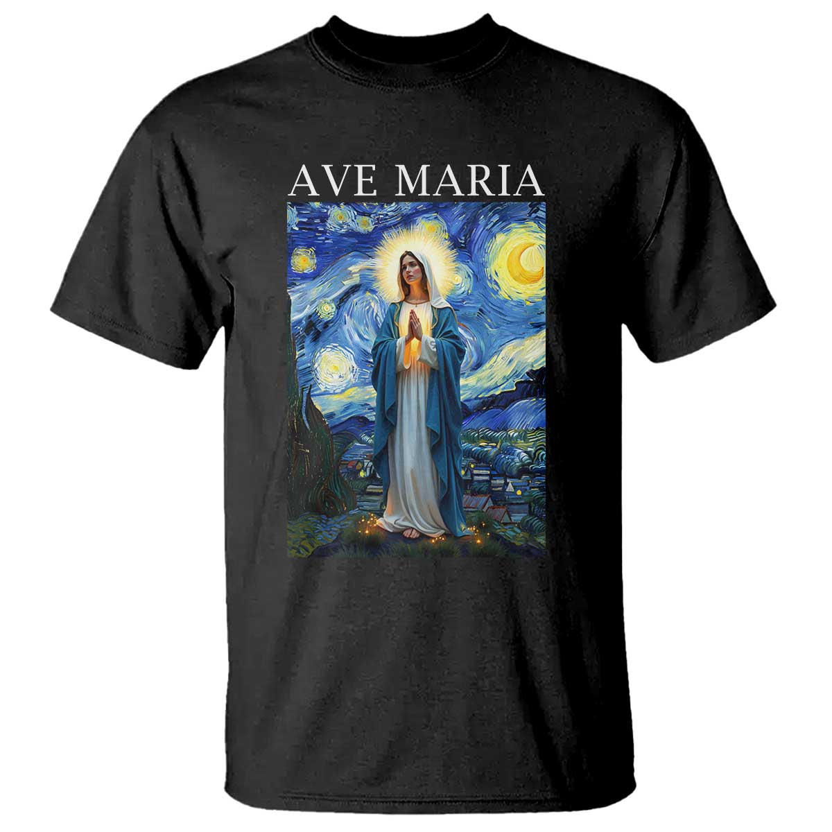 Virgin Mary Starry Night T Shirt Mother of Christ Catholic TS14 Black Print Your Wear