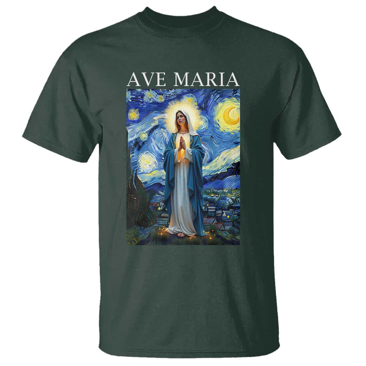 Virgin Mary Starry Night T Shirt Mother of Christ Catholic TS14 Dark Forest Green Print Your Wear