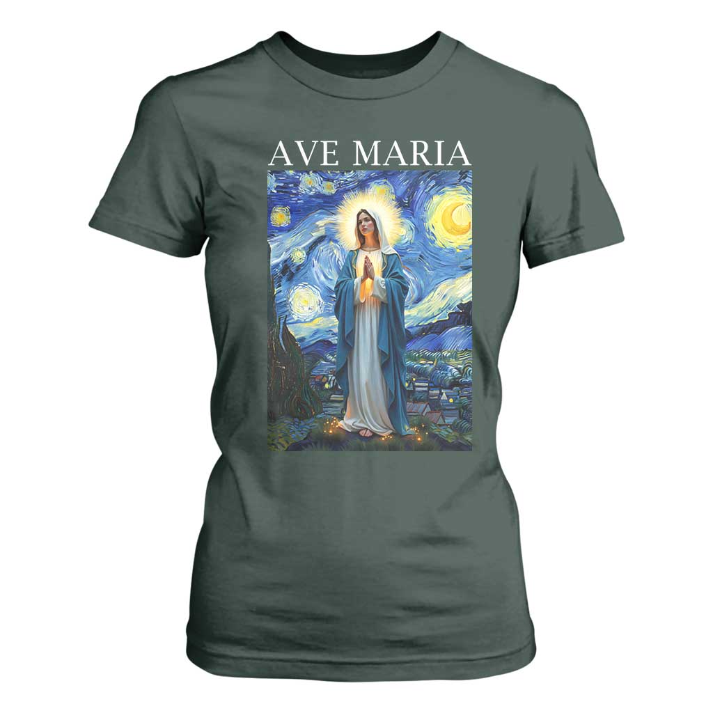 Virgin Mary Starry Night T Shirt For Women Mother of Christ Catholic TS14 Dark Forest Green Print Your Wear