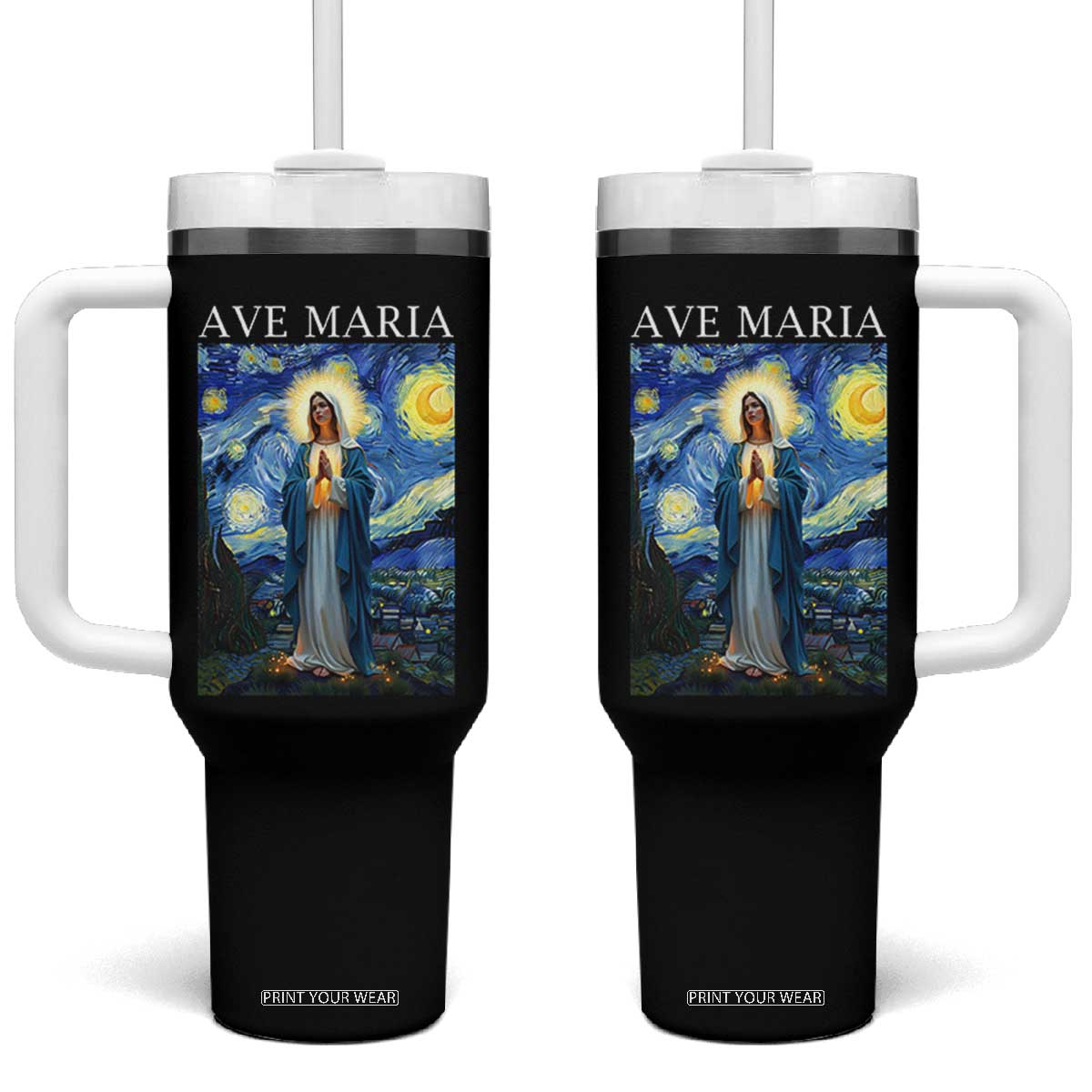 Virgin Mary Starry Night Tumbler With Handle Mother of Christ Catholic TS14 One Size: 40 oz Black Print Your Wear