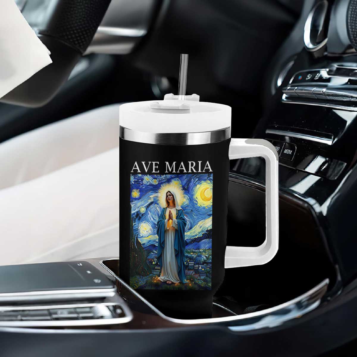 Virgin Mary Starry Night Tumbler With Handle Mother of Christ Catholic TS14 Print Your Wear