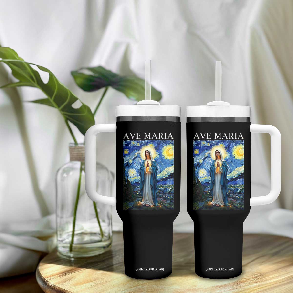 Virgin Mary Starry Night Tumbler With Handle Mother of Christ Catholic TS14 Print Your Wear