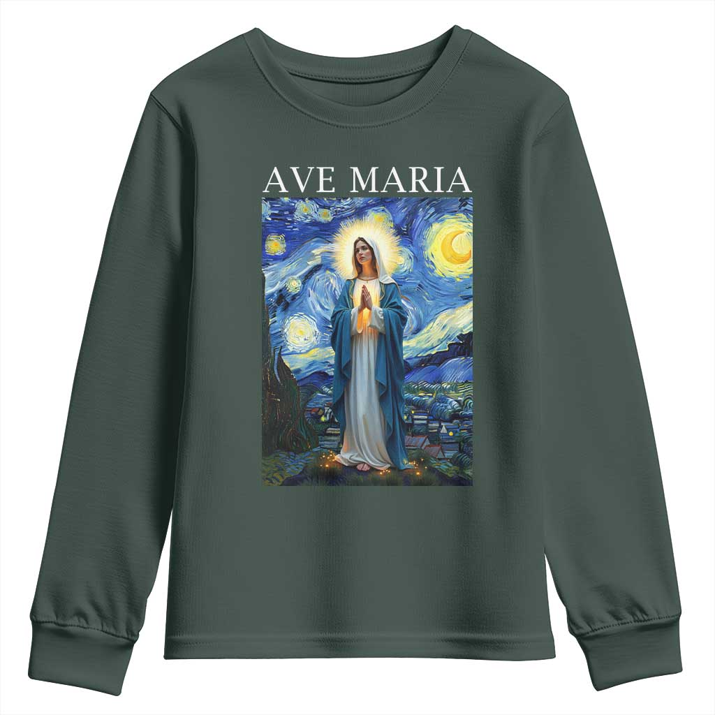 Virgin Mary Starry Night Youth Sweatshirt Mother of Christ Catholic TS14 Dark Forest Green Print Your Wear