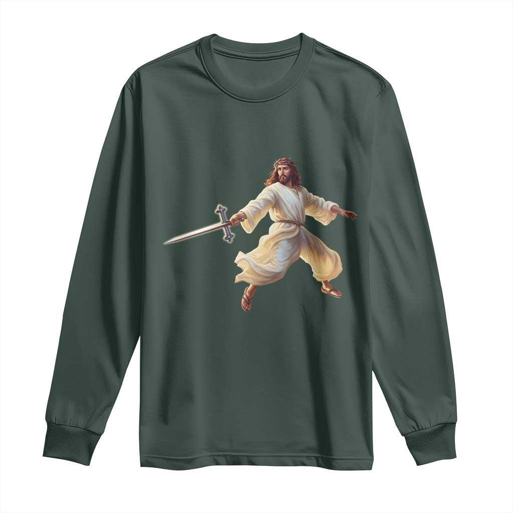 Funny Fencing Jesus Long Sleeve Shirt Combat Sport Christan Lover TS14 Dark Forest Green Print Your Wear