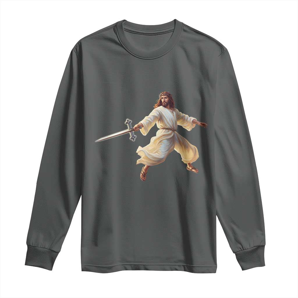 Funny Fencing Jesus Long Sleeve Shirt Combat Sport Christan Lover TS14 Dark Heather Print Your Wear
