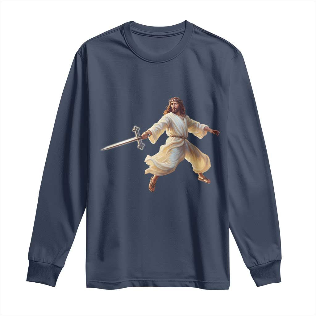 Funny Fencing Jesus Long Sleeve Shirt Combat Sport Christan Lover TS14 Navy Print Your Wear