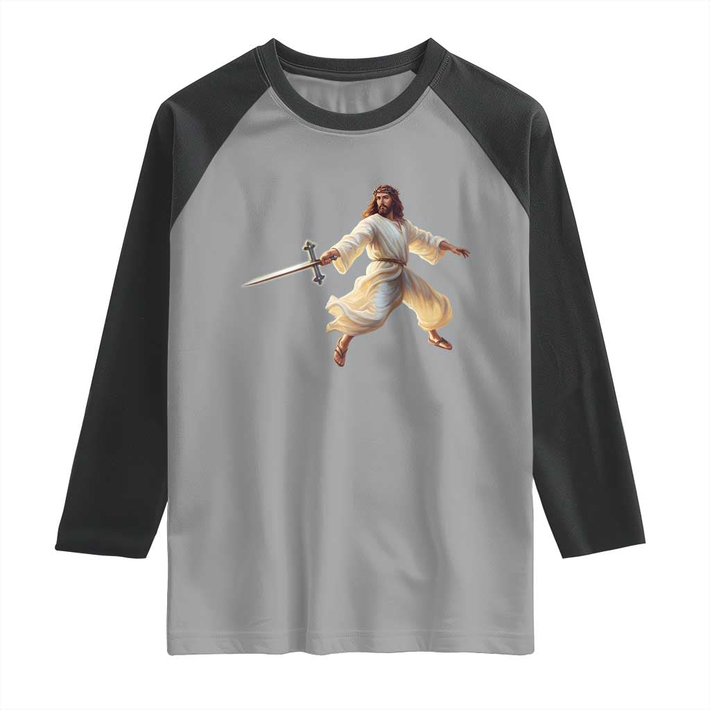 Funny Fencing Jesus Raglan Shirt Combat Sport Christan Lover TS14 Sport Gray Black Print Your Wear