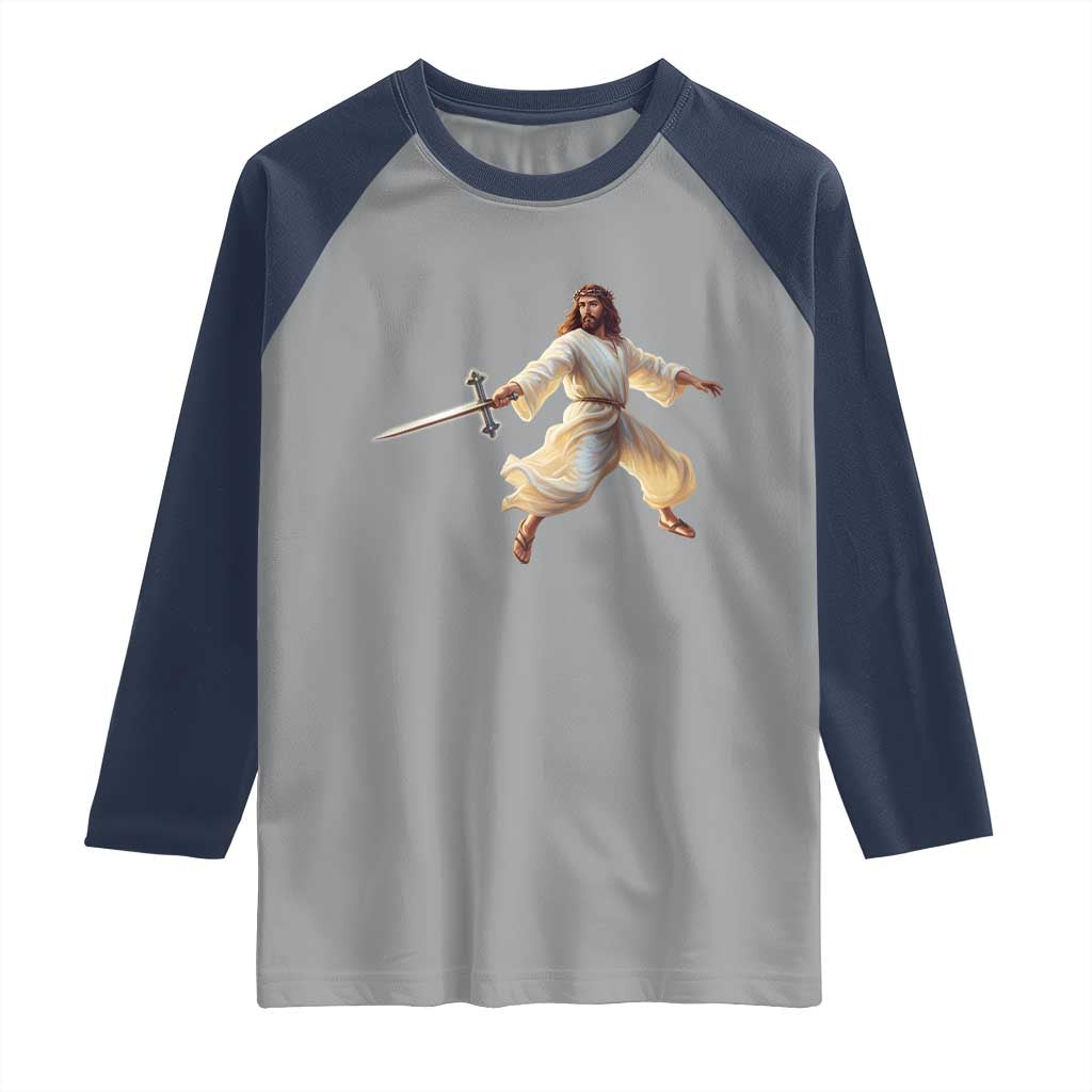 Funny Fencing Jesus Raglan Shirt Combat Sport Christan Lover TS14 Sport Gray Navy Print Your Wear
