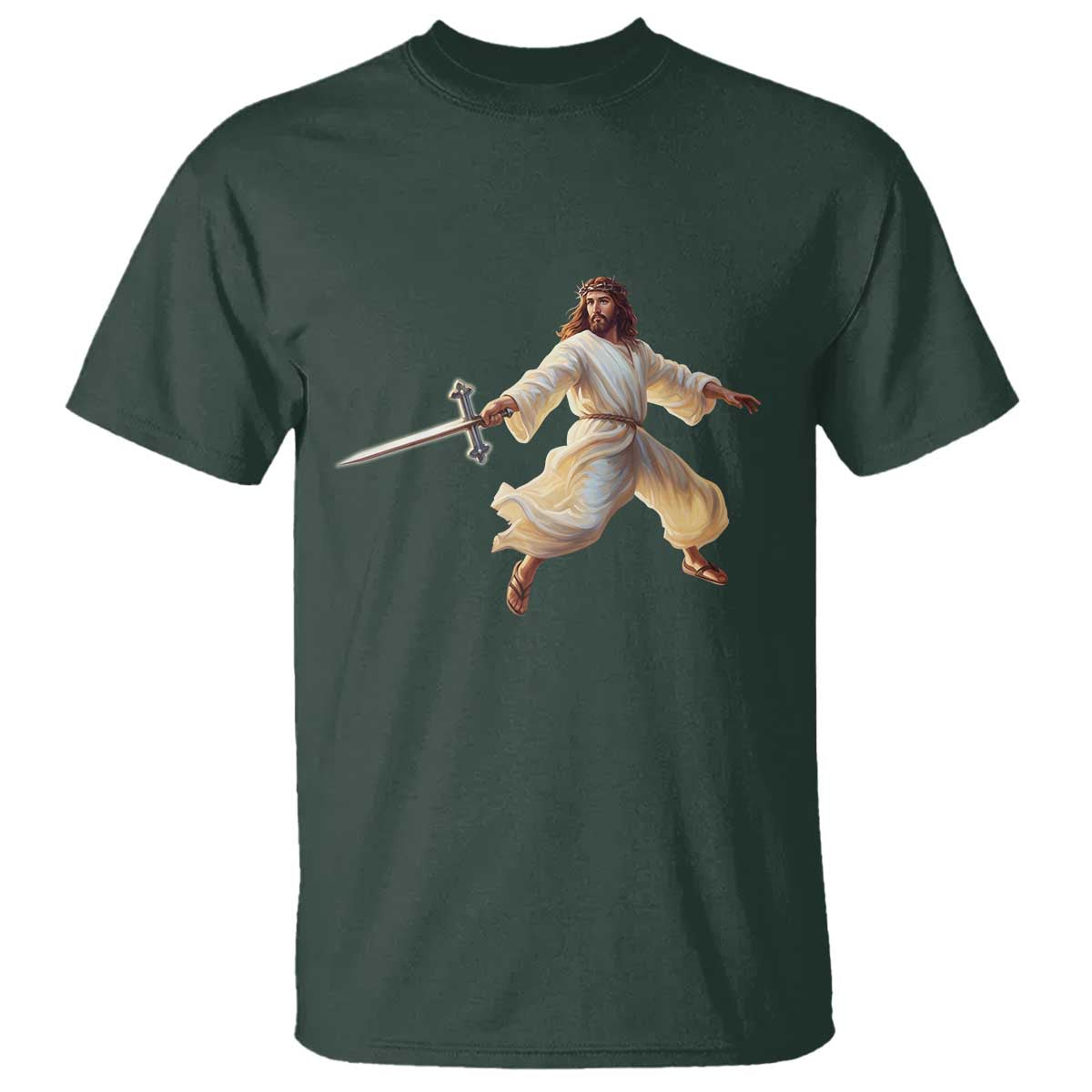 Funny Fencing Jesus T Shirt Combat Sport Christan Lover TS14 Dark Forest Green Print Your Wear