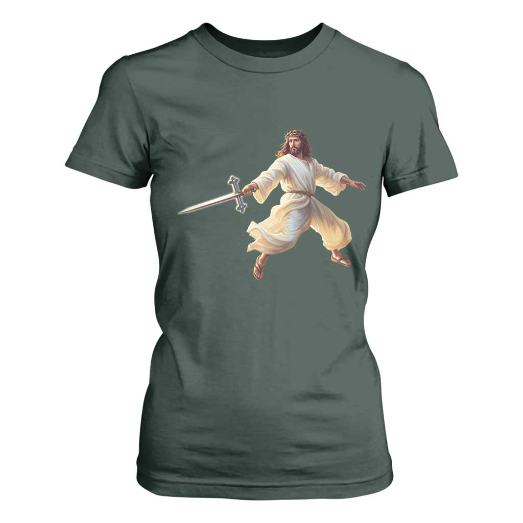 Funny Fencing Jesus T Shirt For Women Combat Sport Christan Lover TS14 Dark Forest Green Print Your Wear
