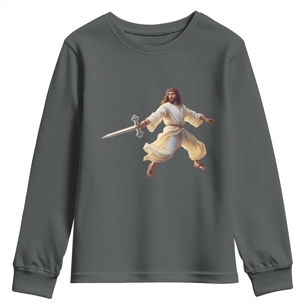 Funny Fencing Jesus Youth Sweatshirt Combat Sport Christan Lover TS14 Dark Heather Print Your Wear