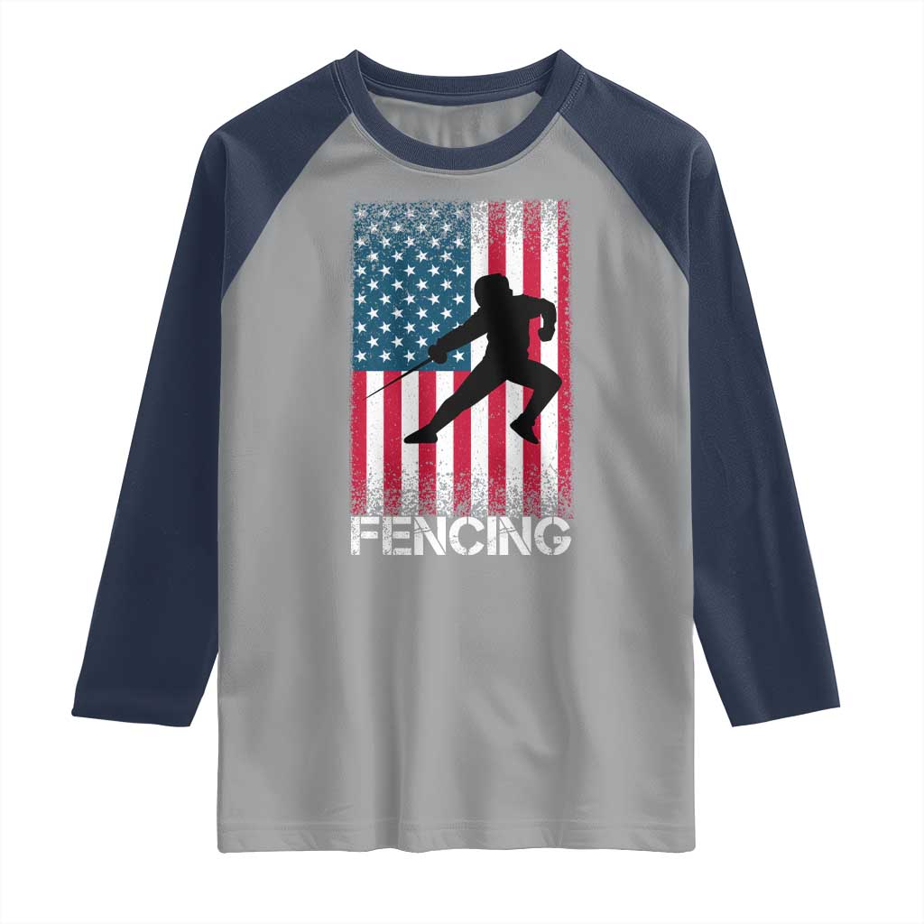 American Flag Fencing USA Patriotic Raglan Shirt TS14 Sport Gray Navy Print Your Wear