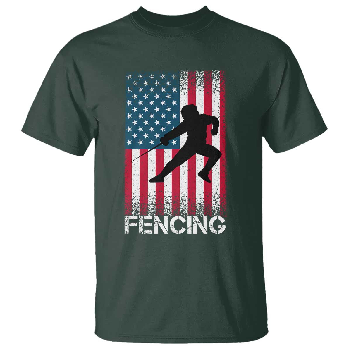 American Flag Fencing USA Patriotic T Shirt TS14 Dark Forest Green Print Your Wear
