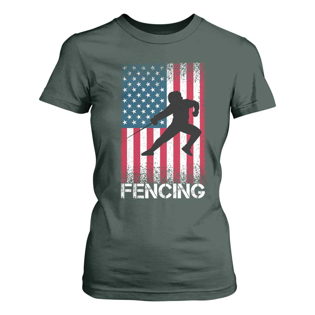 American Flag Fencing USA Patriotic T Shirt For Women TS14 Dark Forest Green Print Your Wear