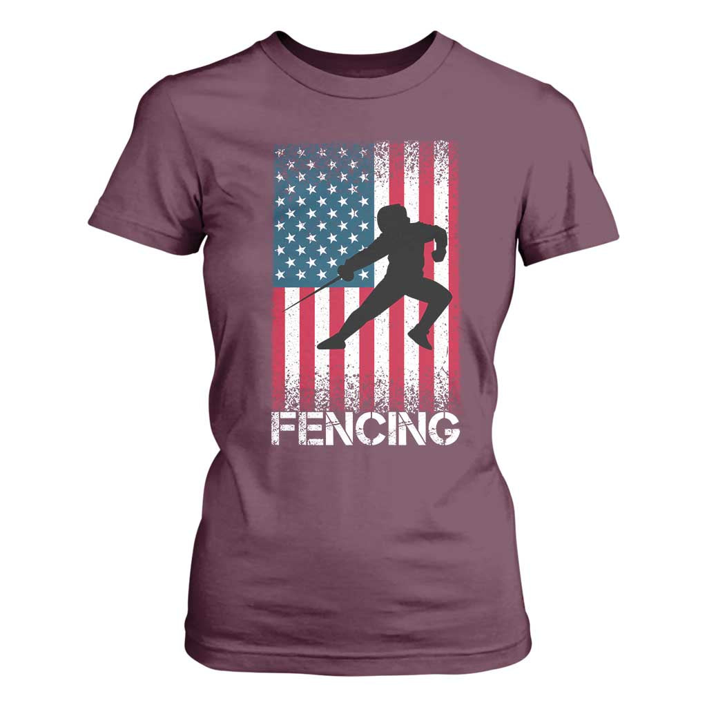 American Flag Fencing USA Patriotic T Shirt For Women TS14 Maroon Print Your Wear