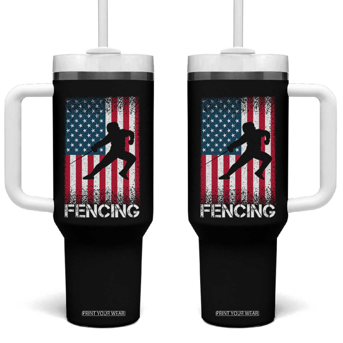 American Flag Fencing USA Patriotic Tumbler With Handle TS14 One Size: 40 oz Black Print Your Wear