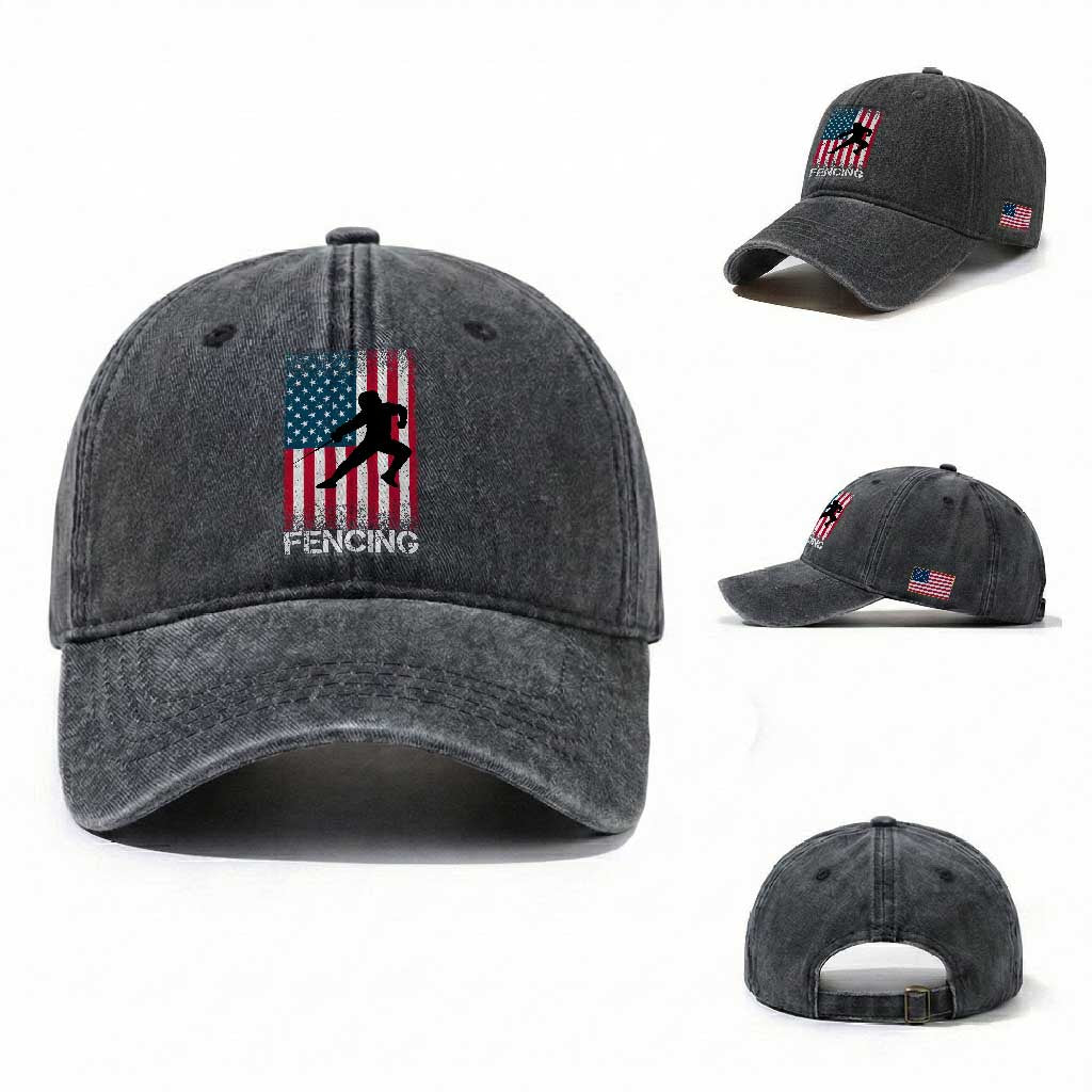 American Flag Fencing USA Patriotic Washed Cotton Baseball Cap TS14 Washed Cap Universal Fit Dark Gray Print Your Wear