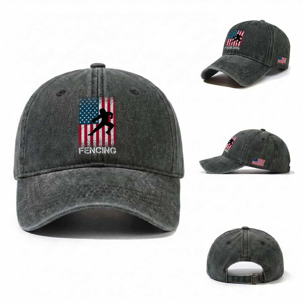 American Flag Fencing USA Patriotic Washed Cotton Baseball Cap TS14 Washed Cap Universal Fit Dark Green Print Your Wear