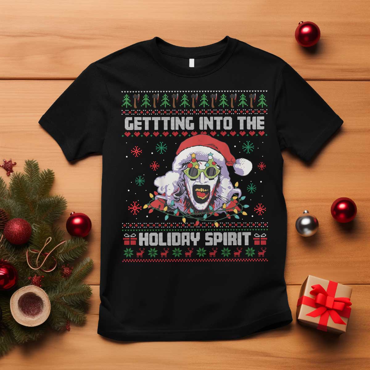 Terrifier Santa Christmas T Shirt Getting Into The Holiday Spirit Horror Movie TS14 Black Print Your Wear