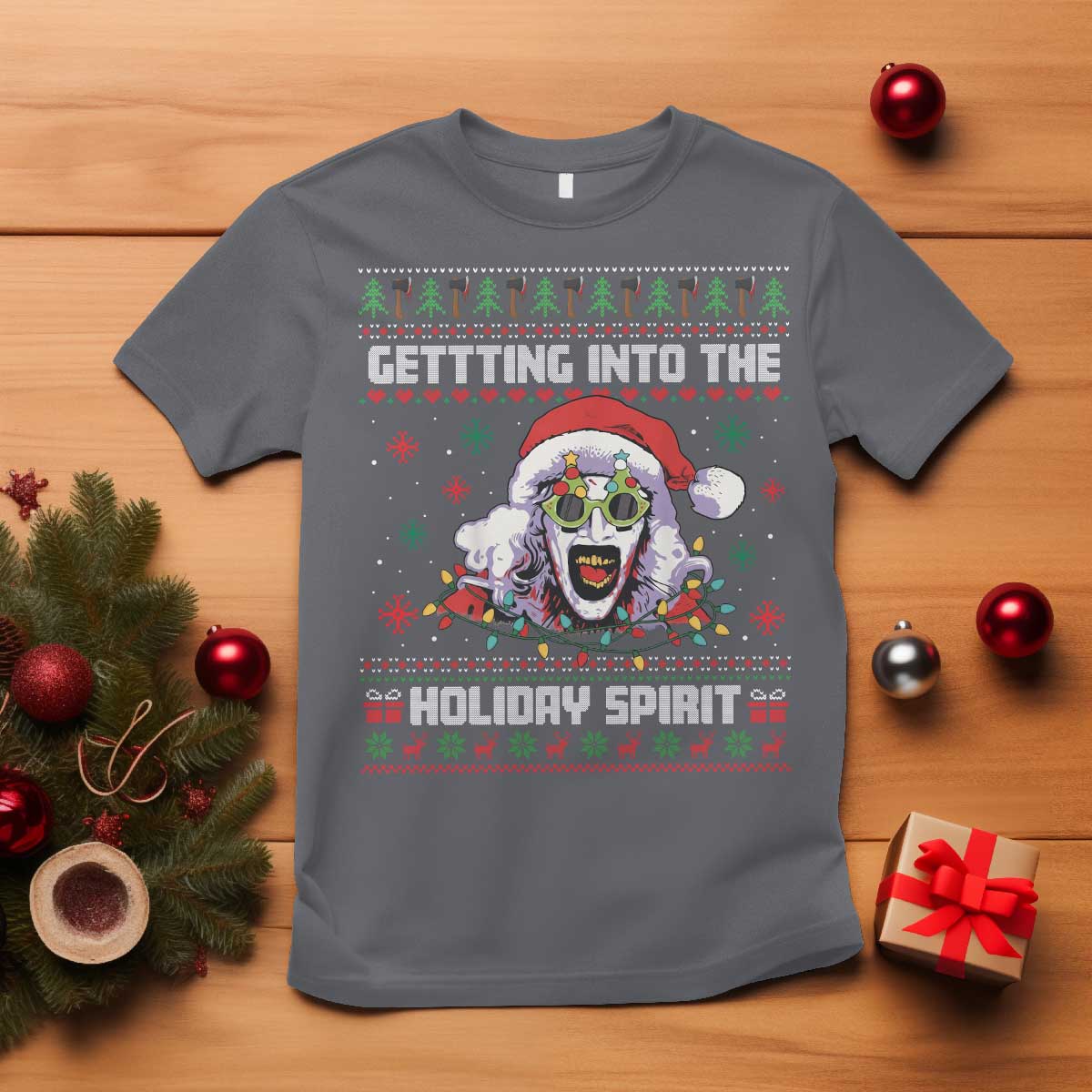 Terrifier Santa Christmas T Shirt Getting Into The Holiday Spirit Horror Movie TS14 Charcoal Print Your Wear