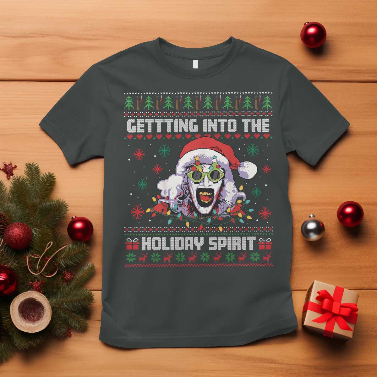 Terrifier Santa Christmas T Shirt Getting Into The Holiday Spirit Horror Movie TS14 Dark Heather Print Your Wear