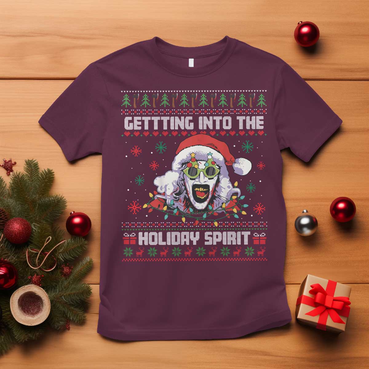 Terrifier Santa Christmas T Shirt Getting Into The Holiday Spirit Horror Movie TS14 Maroon Print Your Wear