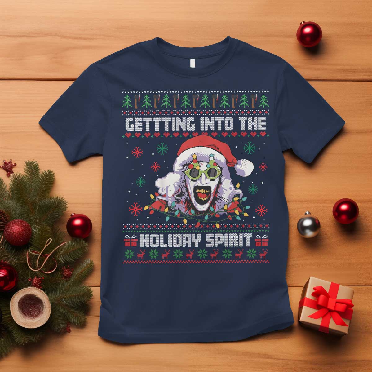 Terrifier Santa Christmas T Shirt Getting Into The Holiday Spirit Horror Movie TS14 Navy Print Your Wear
