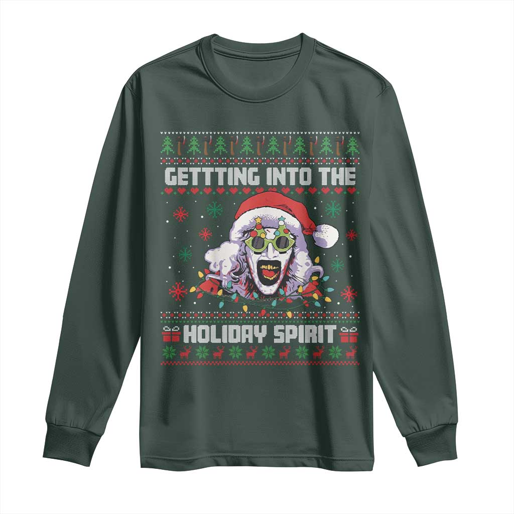Terrifier Santa Christmas Long Sleeve Shirt Getting Into The Holiday Spirit Horror Movie TS14 Dark Forest Green Print Your Wear
