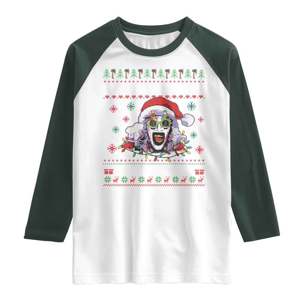 Terrifier Santa Christmas Raglan Shirt Getting Into The Holiday Spirit Horror Movie TS14 White Dark Forest Green Print Your Wear