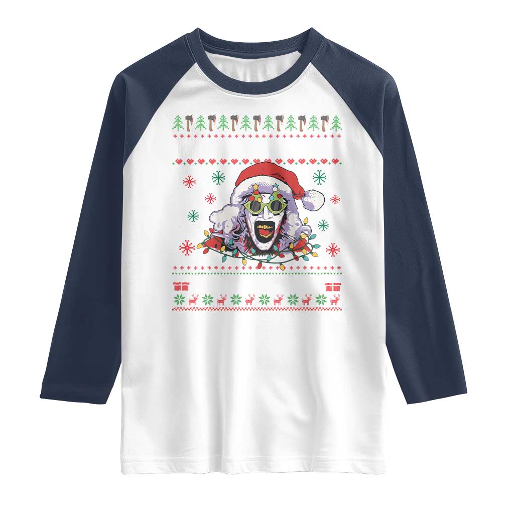 Terrifier Santa Christmas Raglan Shirt Getting Into The Holiday Spirit Horror Movie TS14 White Navy Print Your Wear