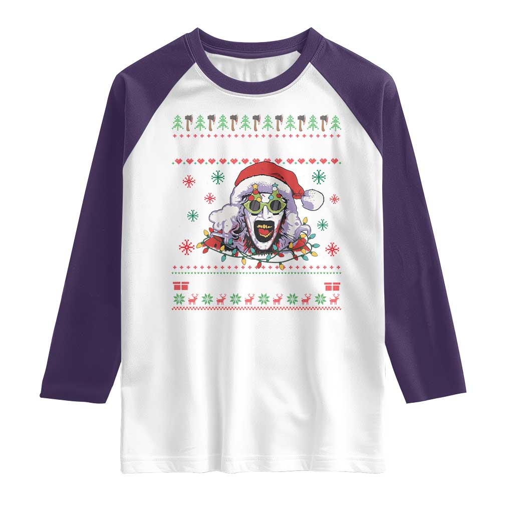 Terrifier Santa Christmas Raglan Shirt Getting Into The Holiday Spirit Horror Movie TS14 White Purple Print Your Wear