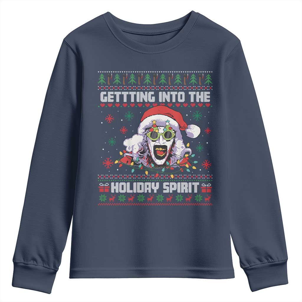Terrifier Santa Christmas Youth Sweatshirt Getting Into The Holiday Spirit Horror Movie TS14 Navy Print Your Wear