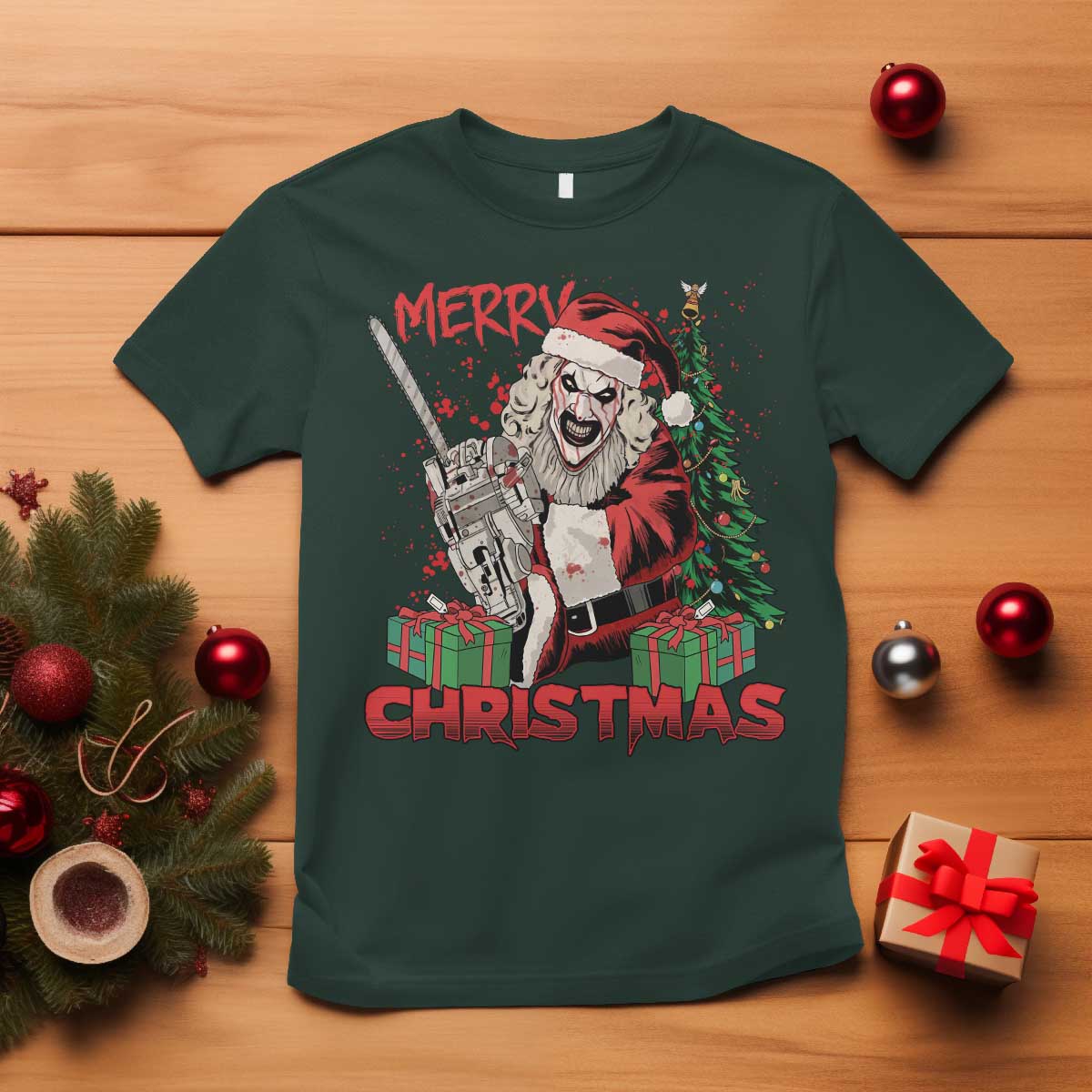 Terrifier Santa Christmas Horror Movie T Shirt TS14 Dark Forest Green Print Your Wear