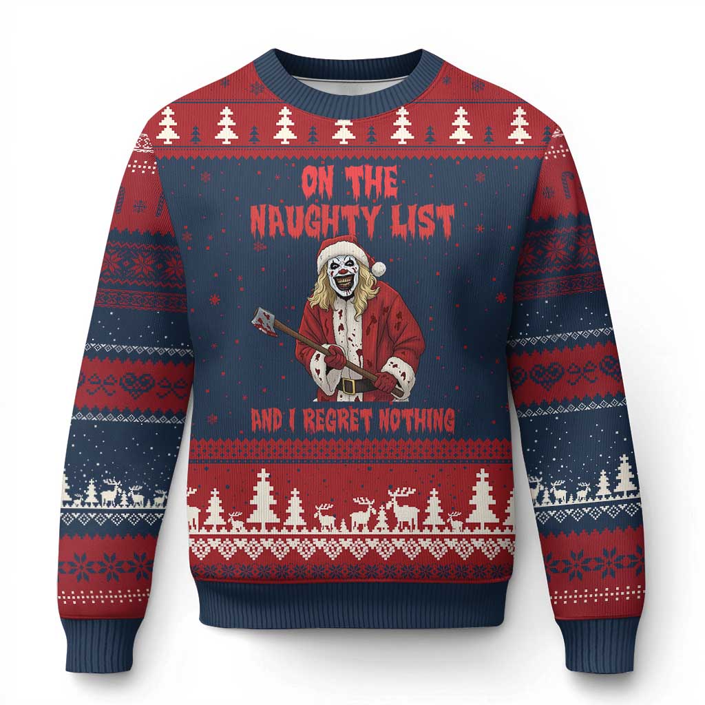 Terrifier Santa Xmas Movie Ugly Christmas Sweater On The Naughty List And I Regret Nothing TS14 Navy Red Print Your Wear