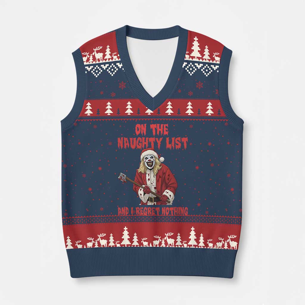 Terrifier Santa Xmas Movie V-Neck Knit Sweater Vest On The Naughty List And I Regret Nothing TS14 Navy Red Print Your Wear