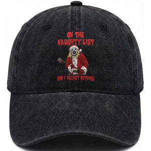 Terrifier Santa Christmas Movie Washed Cotton Baseball Cap On The Naughty List And I Regret Nothing TS14 Washed Cap Universal Fit Black Print Your Wear