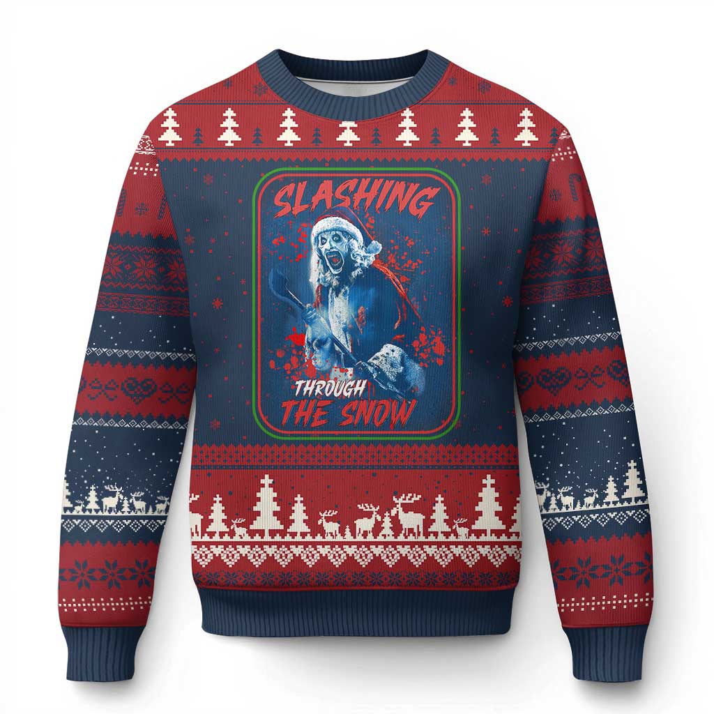 Terrifier Santa Xmas Ugly Christmas Sweater Slashing Through The Snow TS14 Navy Red Print Your Wear