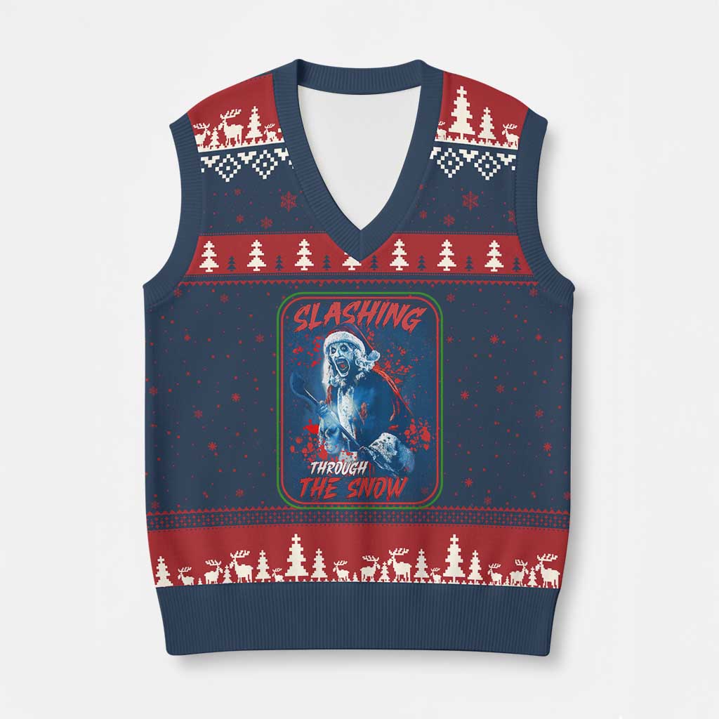 Terrifier Santa Xmas V-Neck Knit Sweater Vest Slashing Through The Snow TS14 Navy Red Print Your Wear
