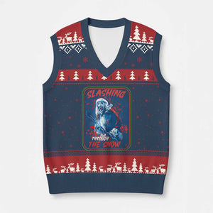 Terrifier Santa Xmas V-Neck Knit Sweater Vest Slashing Through The Snow TS14 Navy Red Print Your Wear