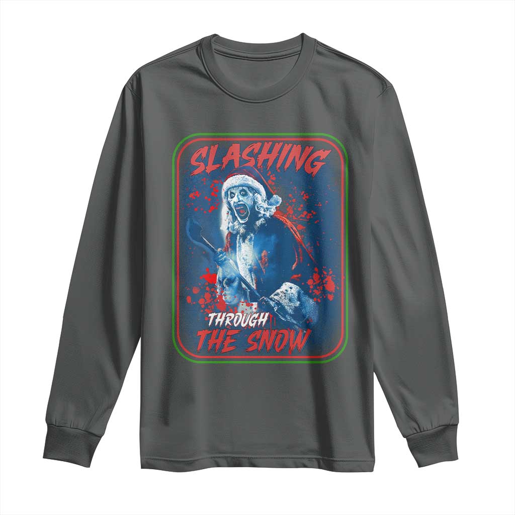 Terrifier Santa Christmas Long Sleeve Shirt Slashing Through The Snow TS14 Dark Heather Print Your Wear